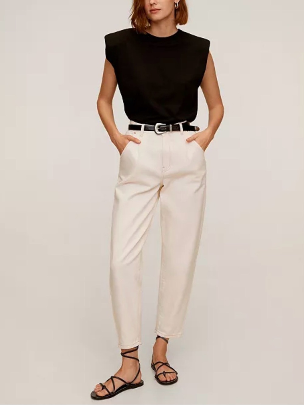 Mango Regina High Waisted Pleat Slouchy Tapered Pants, Cream, Size 6